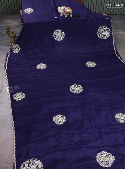 Crepe saree blue with plain body and embroidery pallu