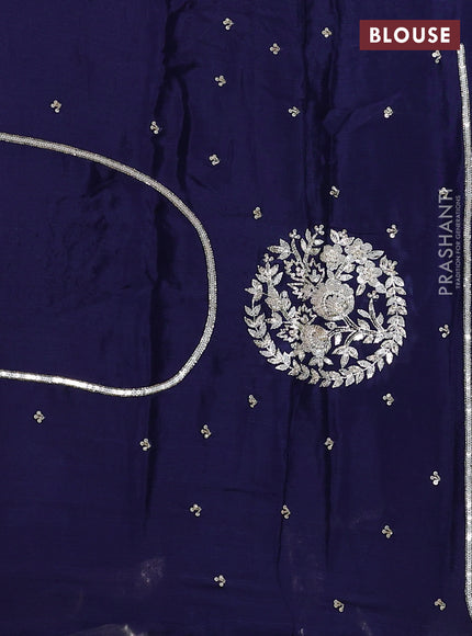 Crepe saree blue with plain body and embroidery pallu