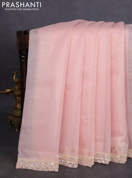 Crush tissue saree pastel pink with beaded work