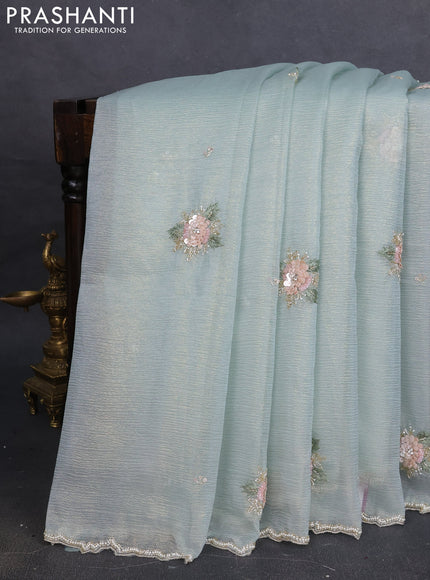 Crush tissue saree teal blue with allover sequin work