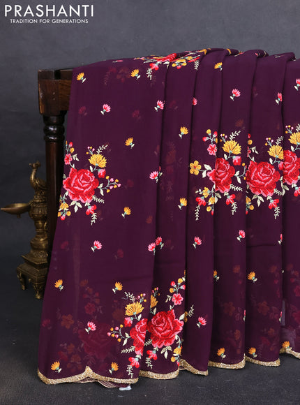 Georgette saree deep wine with allover embroidery work
