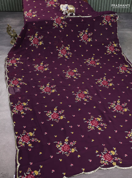 Georgette saree deep wine with allover embroidery work