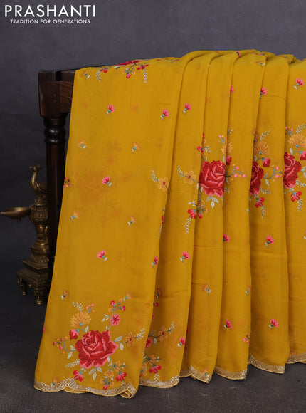 Georgette saree mustard yellow with allover embroidery work