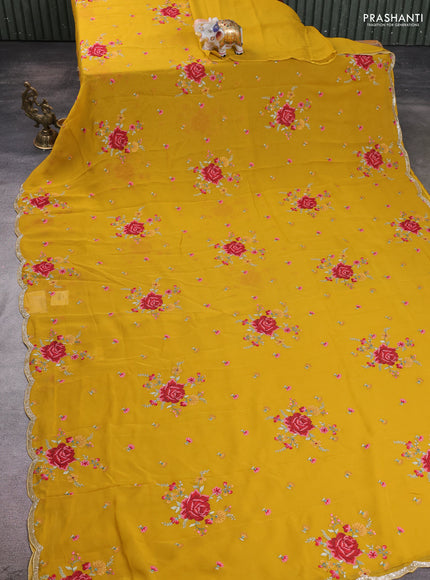 Georgette saree mustard yellow with allover embroidery work