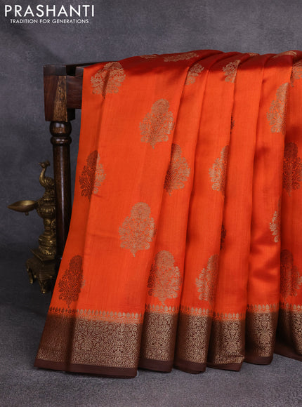 Chiniya silk saree orange and brown with woven buttas and zari woven border