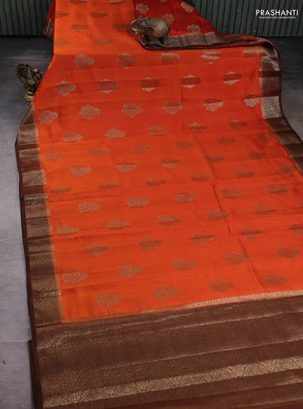 Chiniya silk saree orange and brown with woven buttas and zari woven border