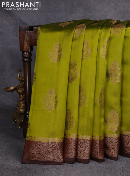 Chiniya silk saree mehendi green and brown with woven buttas and zari woven border