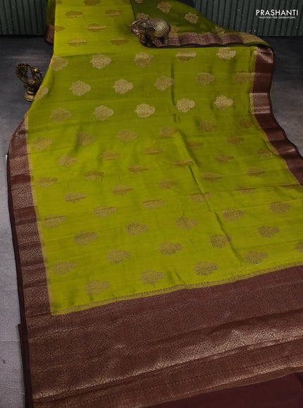Chiniya silk saree mehendi green and brown with woven buttas and zari woven border