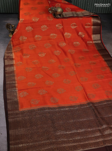 Chiniya silk saree orange and brown with woven buttas and zari woven border