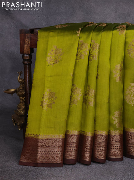 Chiniya silk saree mehendi green and brown with woven buttas and zari woven border