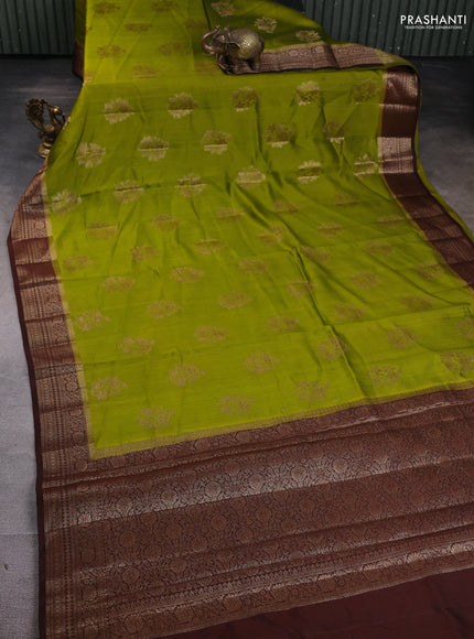 Chiniya silk saree mehendi green and brown with woven buttas and zari woven border