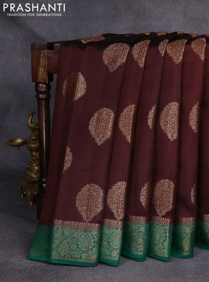 Chiniya silk saree brown and green with woven buttas and zari woven border
