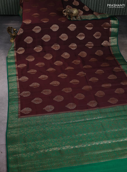 Chiniya silk saree brown and green with woven buttas and zari woven border