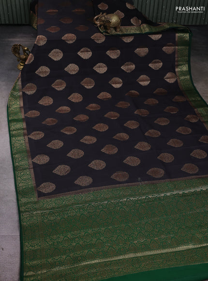 Chiniya silk saree black and green with woven buttas and zari woven border