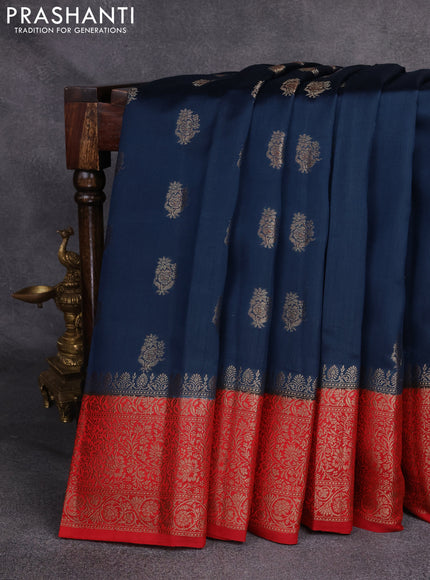 Chiniya silk saree peacock blue and red with woven buttas and zari woven border
