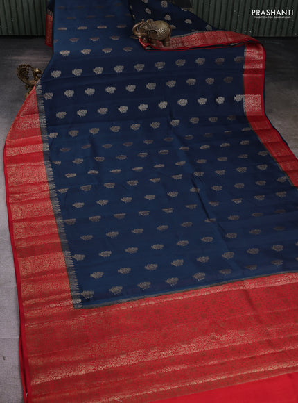Chiniya silk saree peacock blue and red with woven buttas and zari woven border