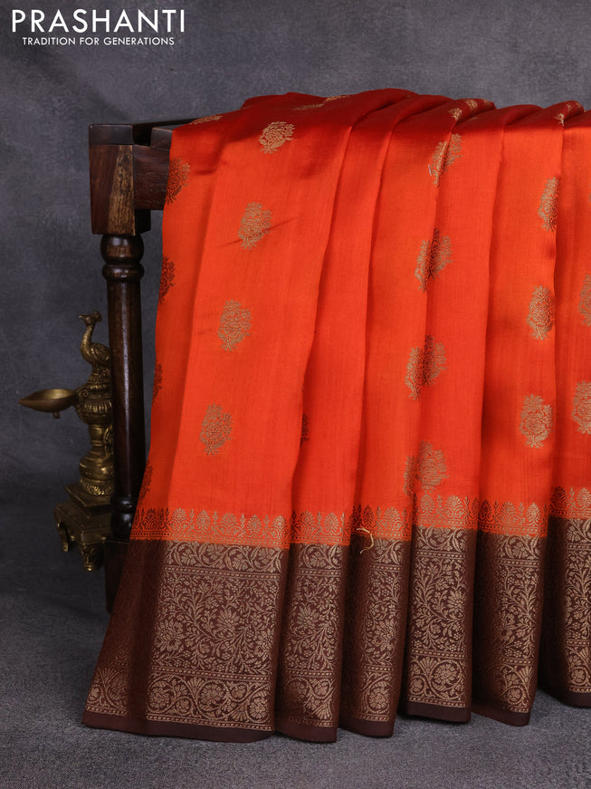 Chiniya silk saree orange and brown with woven buttas and zari woven border