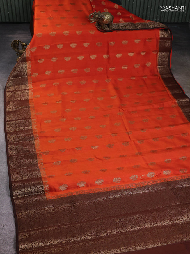 Chiniya silk saree orange and brown with woven buttas and zari woven border