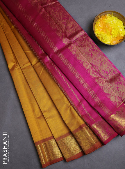 Silk cotton saree mustard yellow and magenta pink with plain body and zari woven border