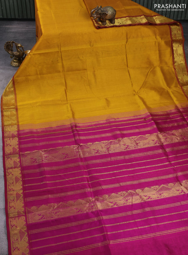 Silk cotton saree mustard yellow and magenta pink with plain body and zari woven border