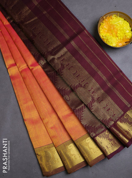 Silk cotton saree sunset orange and deep maroon with plain body and zari woven border