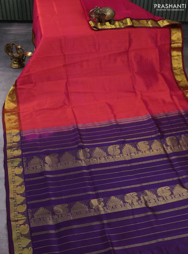 Silk cotton saree pink and blue with plain body and zari woven border
