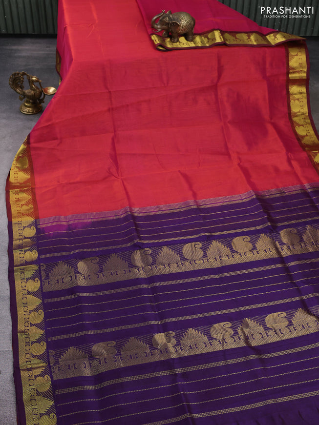 Silk cotton saree pink and blue with plain body and zari woven border