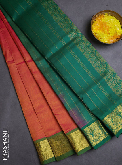 Silk cotton saree peach pink and green with plain body and zari woven border