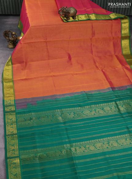 Silk cotton saree peach pink and green with plain body and zari woven border