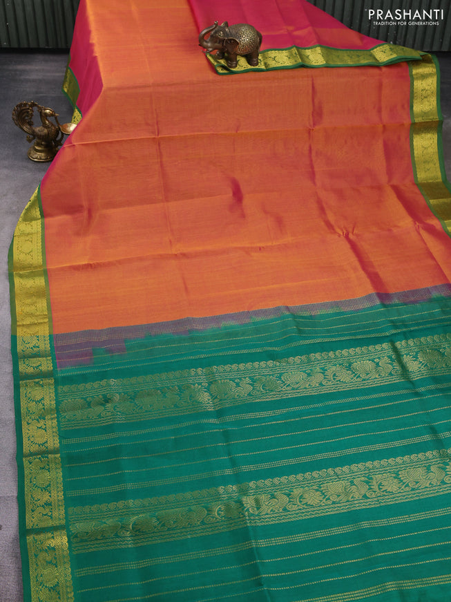 Silk cotton saree peach pink and green with plain body and zari woven border