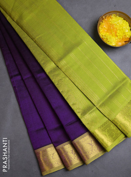 Silk cotton saree purple and light green with plain body and zari woven border