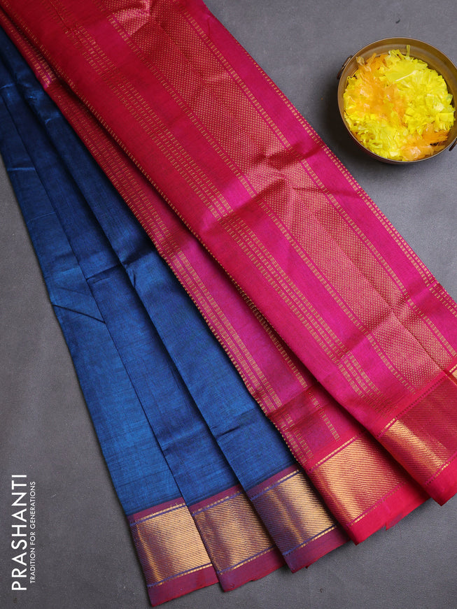 Silk cotton saree cs blue and pink with plain body and zari woven border