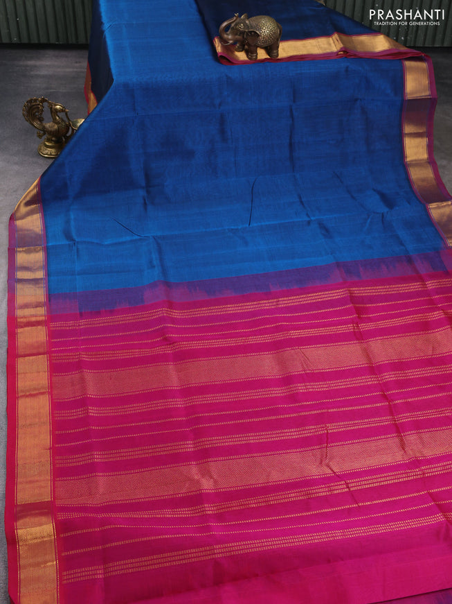 Silk cotton saree cs blue and pink with plain body and zari woven border