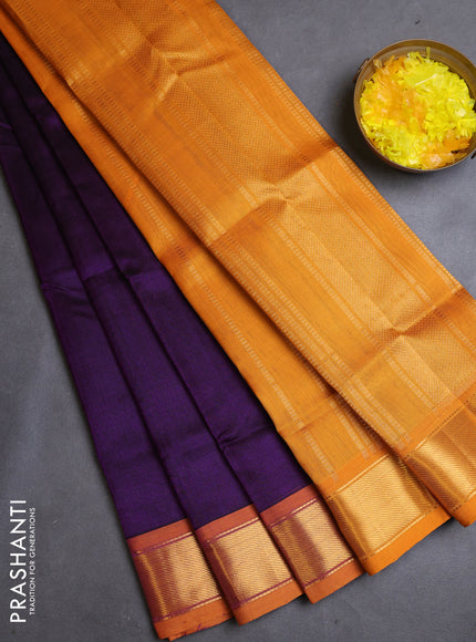 Silk cotton saree violet and mango yellow with plain body and zari woven border