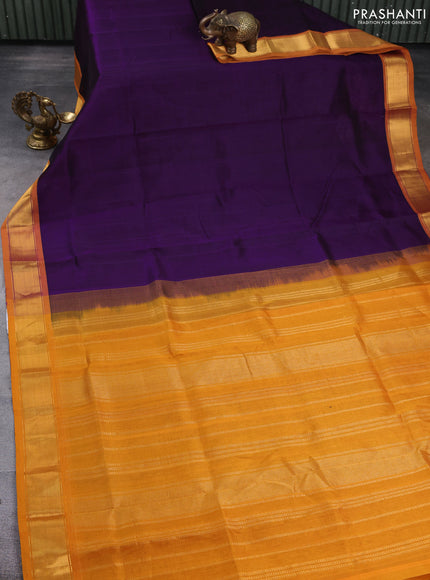 Silk cotton saree violet and mango yellow with plain body and zari woven border
