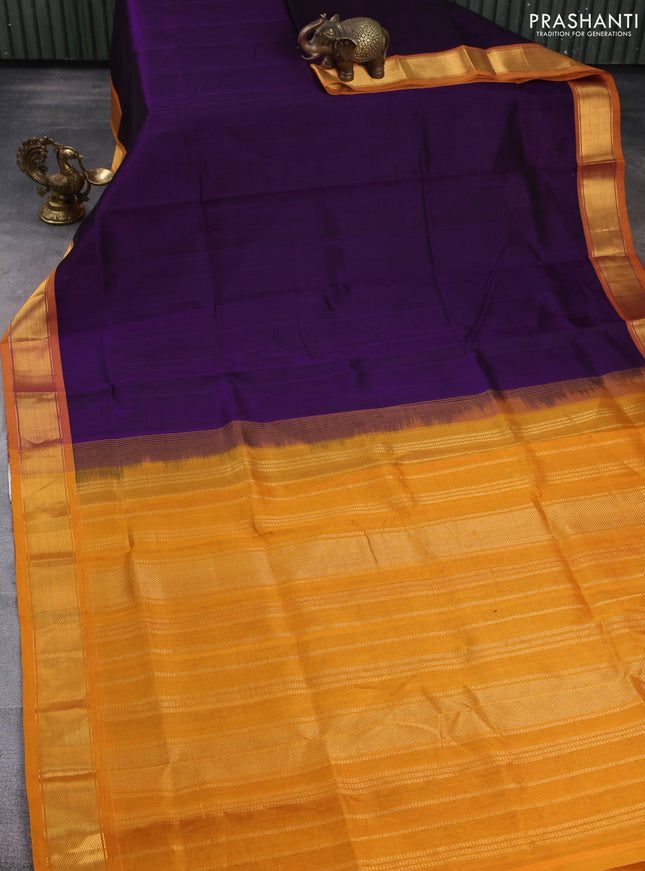 Silk cotton saree violet and mango yellow with plain body and zari woven border