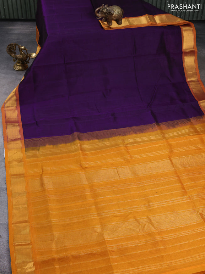Silk cotton saree violet and mango yellow with plain body and zari woven border