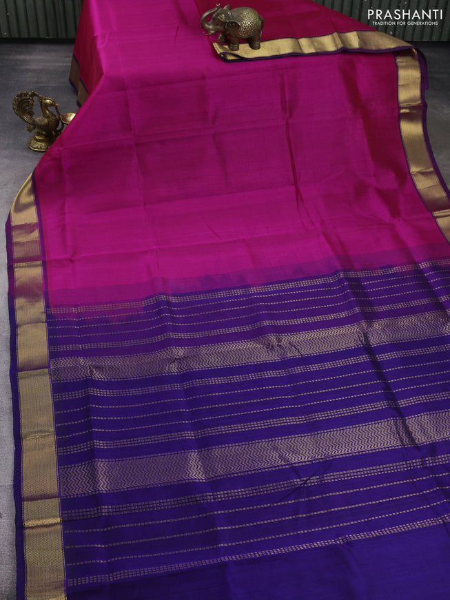 Silk cotton saree pink and blue with plain body and zari woven border