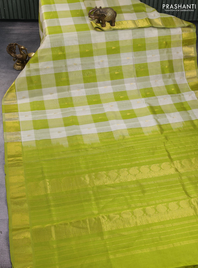 Silk cotton saree off white and light green with allover paalum pazhamum checks & buttas and zari woven border