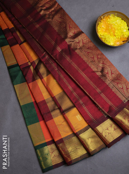 Silk cotton saree multi colour and maroon with allover paalum pazhamum checks & buttas and zari woven border