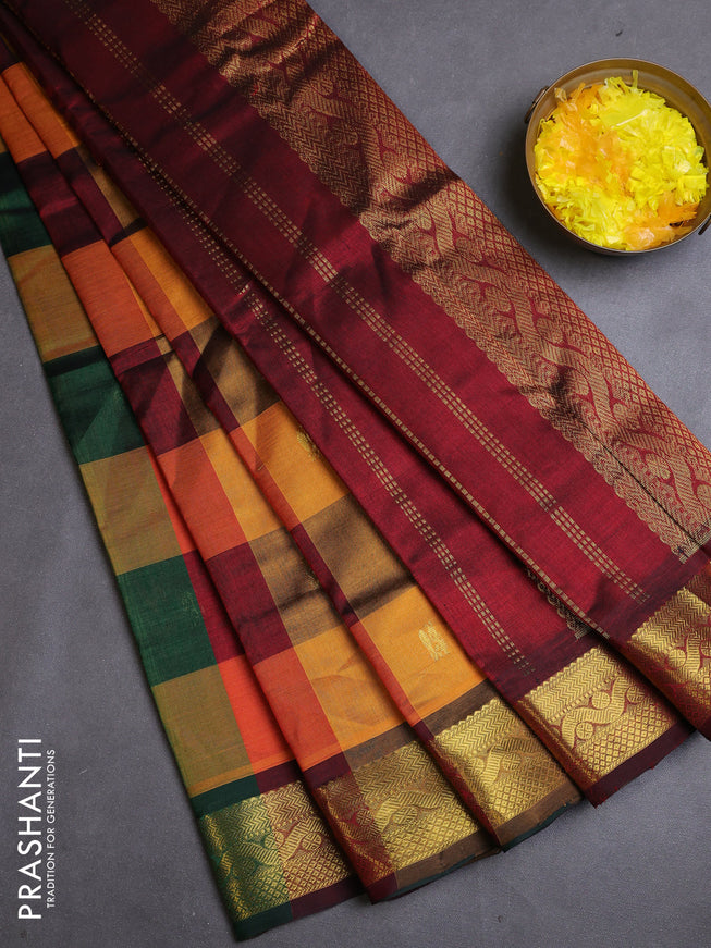 Silk cotton saree multi colour and maroon with allover paalum pazhamum checks & buttas and zari woven border