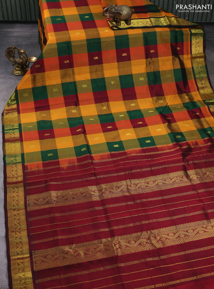 Silk cotton saree multi colour and maroon with allover paalum pazhamum checks & buttas and zari woven border