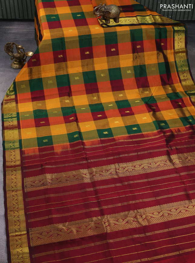 Silk cotton saree multi colour and maroon with allover paalum pazhamum checks & buttas and zari woven border