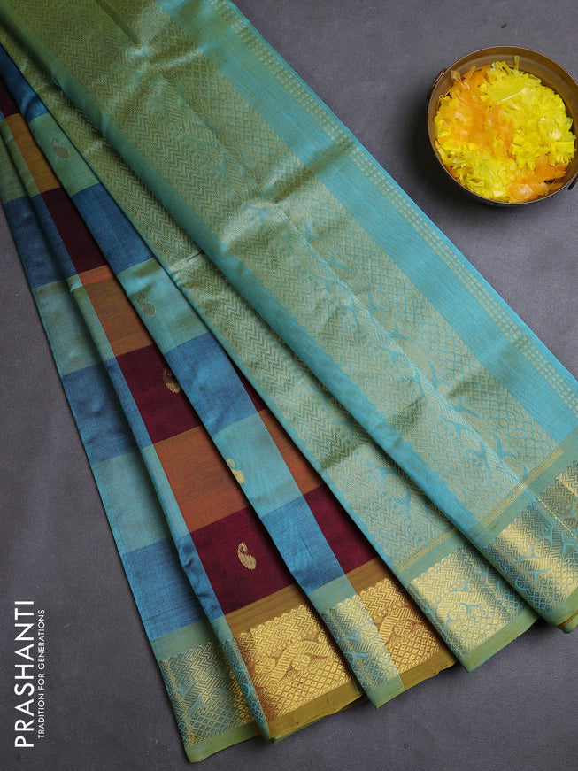 Silk cotton saree multi colour and teal blue with allover paalum pazhamum checks & buttas and zari woven border