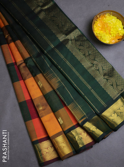 Silk cotton saree multi colour and dark green with allover paalum pazhamum checks & buttas and zari woven border