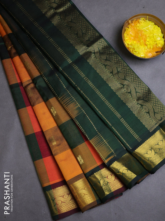 Silk cotton saree multi colour and dark green with allover paalum pazhamum checks & buttas and zari woven border