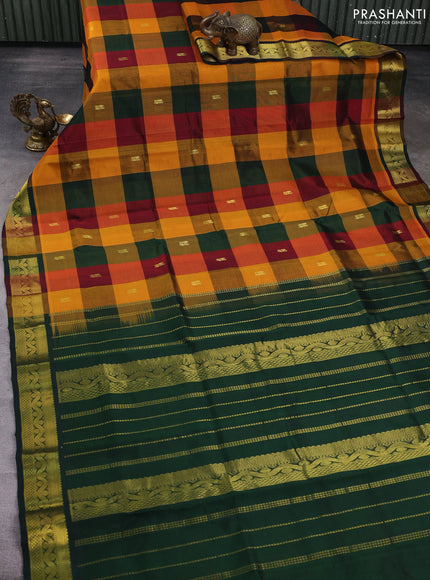 Silk cotton saree multi colour and dark green with allover paalum pazhamum checks & buttas and zari woven border