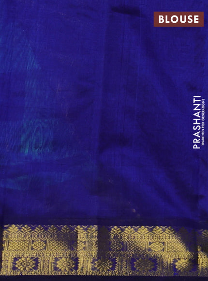 Silk cotton saree teal blue and blue with allover paalum pazhamum checks & buttas and zari woven border