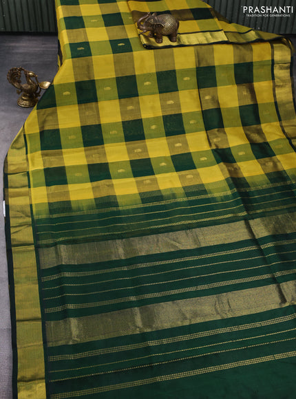 Silk cotton saree yellow and bottle green with allover paalum pazhamum checks & buttas and zari woven border