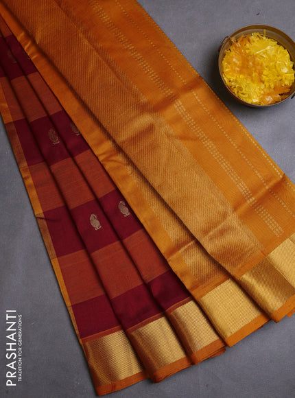 Silk cotton saree maroon and mango yellow with allover paalum pazhamum checks & buttas and zari woven border